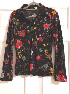 Vintage 70's Floral Nylon Blouse Pointy Butterfly Collar, Multi Color Sz Sm